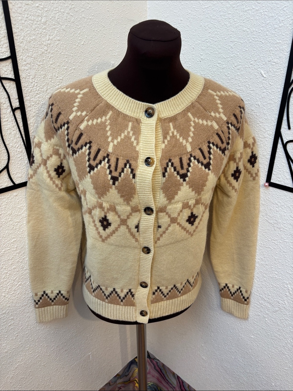 NWDT Oliver.O Cream and Tan Fair Isle Button-Up Cardigan Sweater. Size S